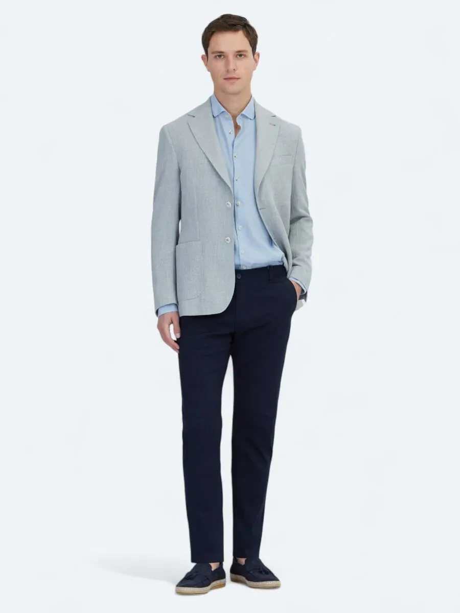 Navy Blue Weaving Casual Cotton Blended Trousers - 1