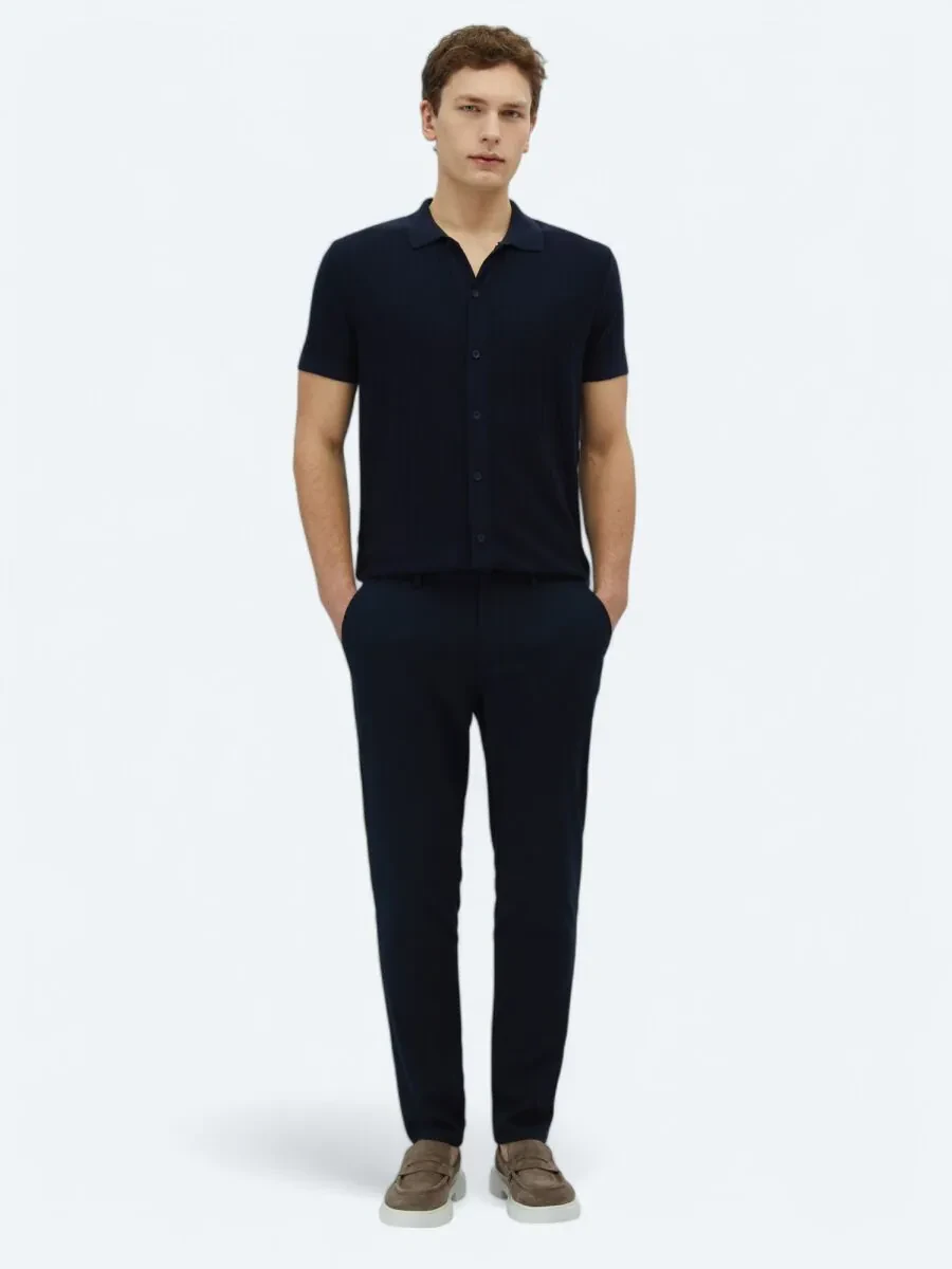 Navy Blue Weaving Casual Trousers - 1