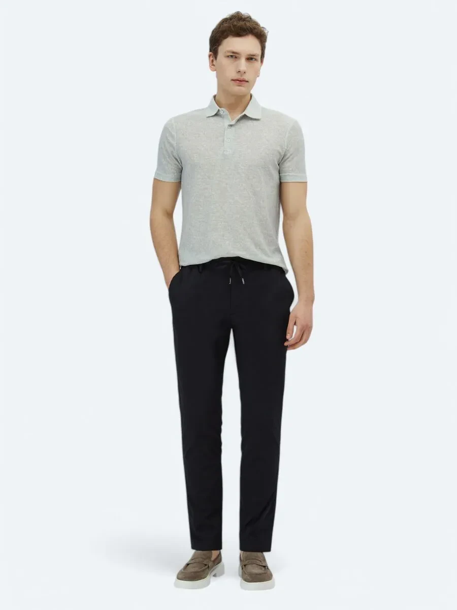 Navy Blue Weaving Casual Trousers - 1