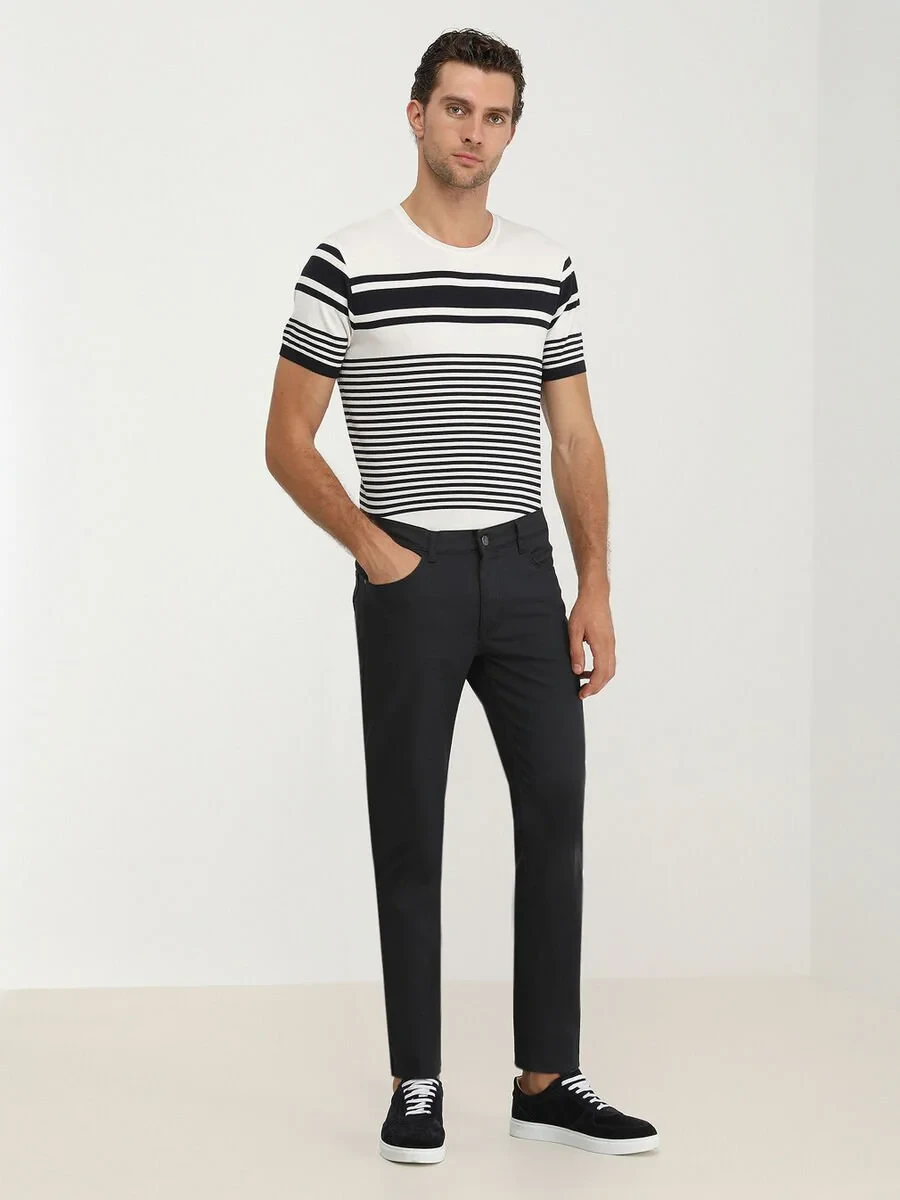 Navy Blue Weaving Fitted Fit Casual Cotton Blended Trousers - 1