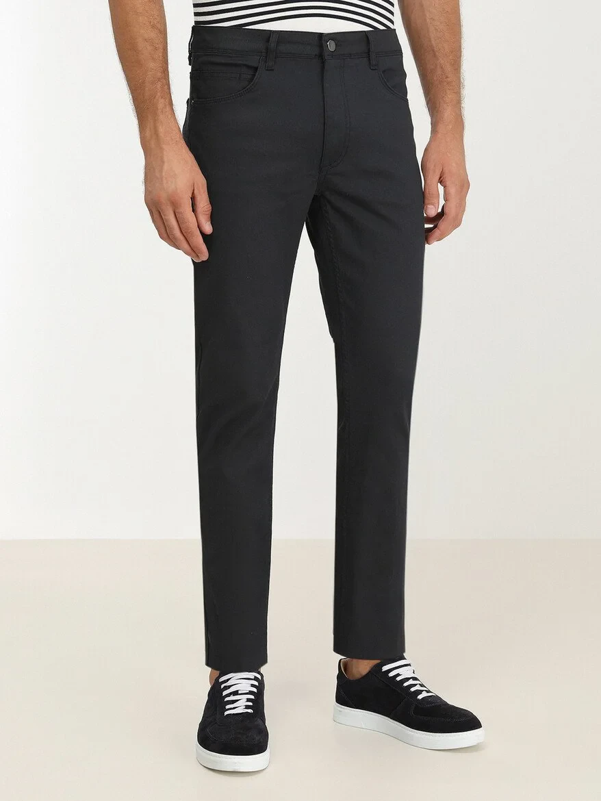 Navy Blue Weaving Fitted Fit Casual Cotton Blended Trousers - 2