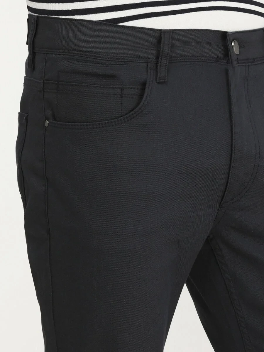 Navy Blue Weaving Fitted Fit Casual Cotton Blended Trousers - 3