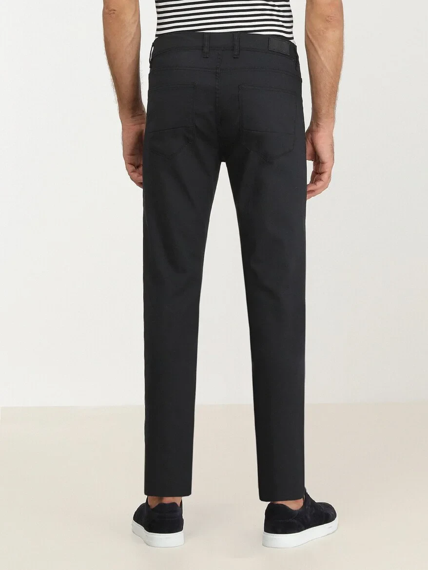 Navy Blue Weaving Fitted Fit Casual Cotton Blended Trousers 