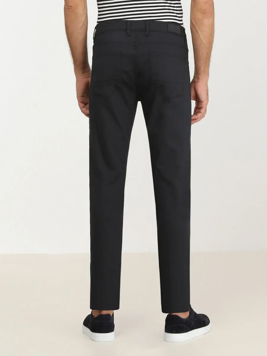 Navy Blue Weaving Fitted Fit Casual Cotton Blended Trousers - 4