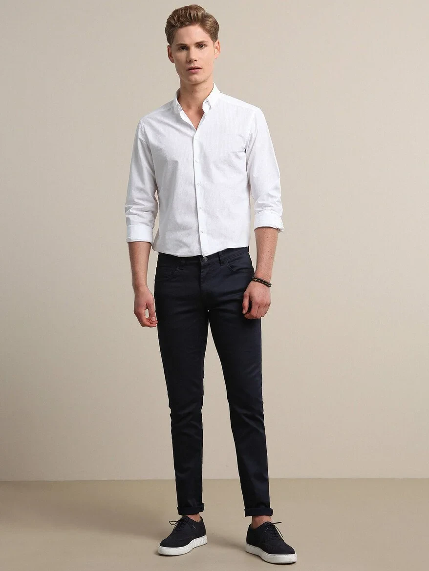 Navy Blue Weaving Fitted Fit Casual Cotton Blended Trousers - 1