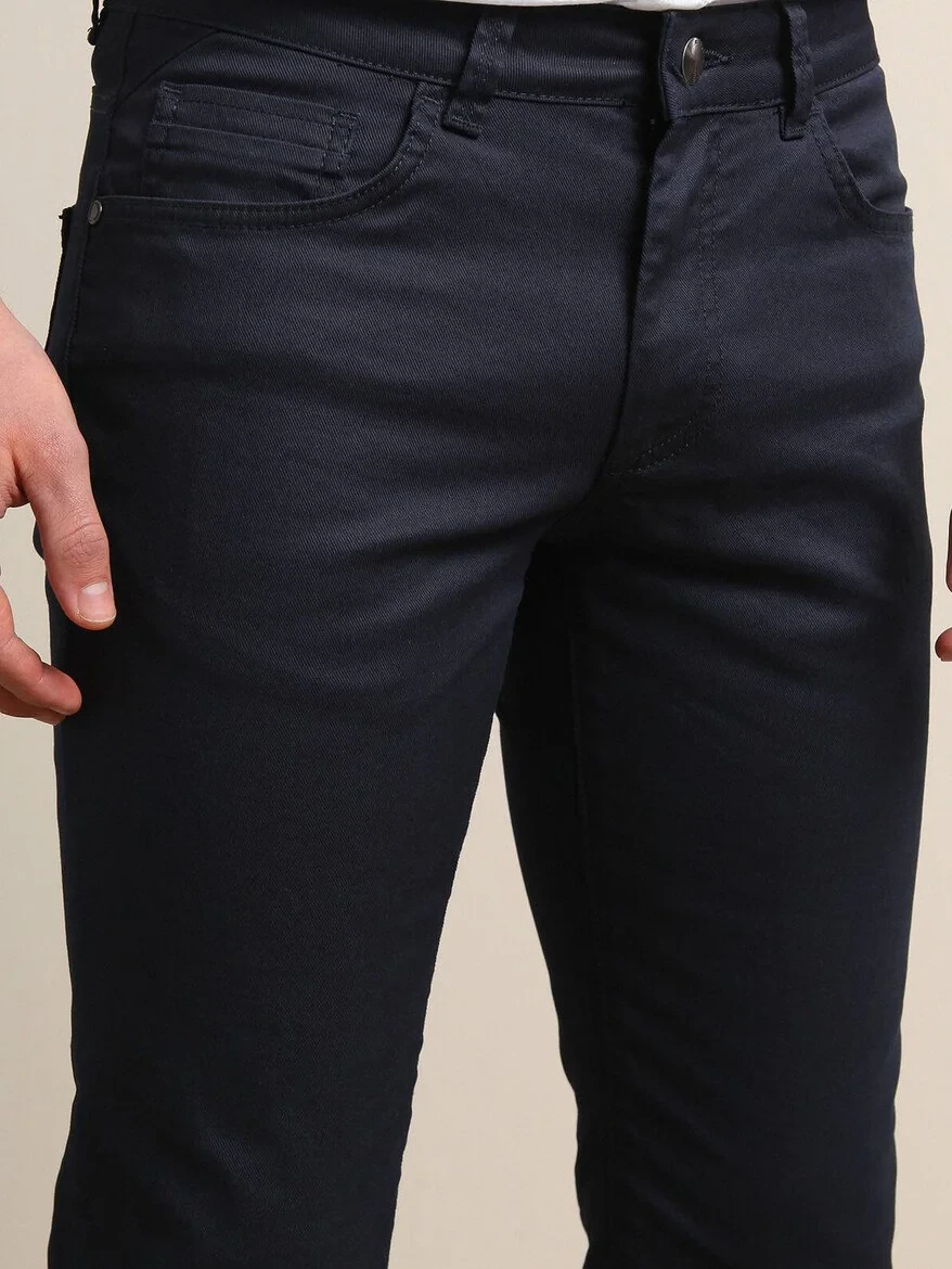 Navy Blue Weaving Fitted Fit Casual Cotton Blended Trousers - 2