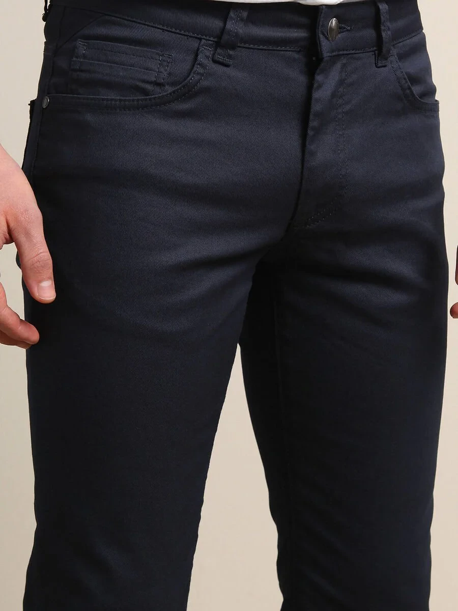 Navy Blue Weaving Fitted Fit Casual Cotton Blended Trousers - 2
