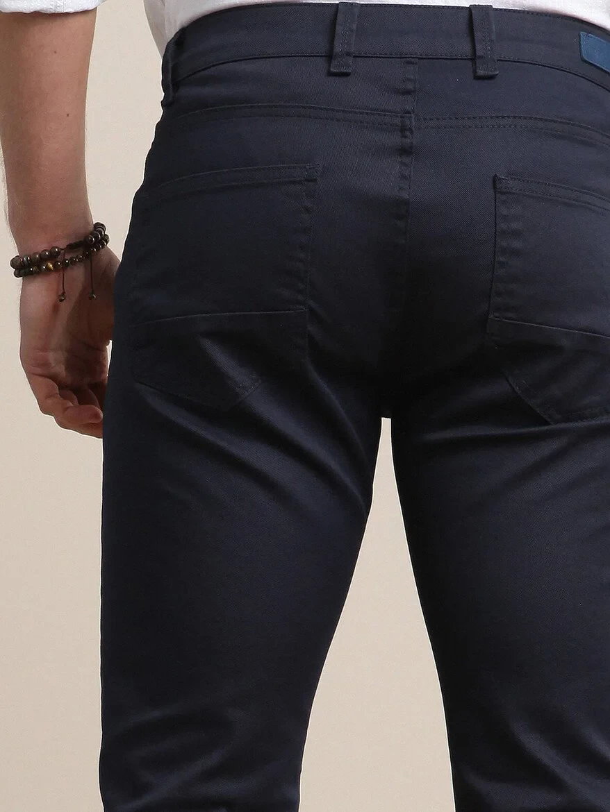 Navy Blue Weaving Fitted Fit Casual Cotton Blended Trousers - 5