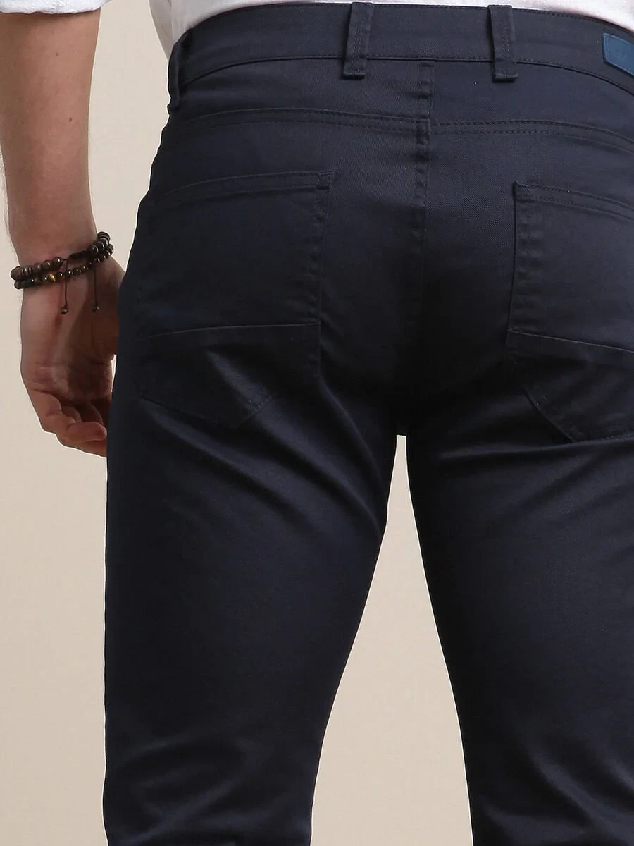 Navy Blue Weaving Fitted Fit Casual Cotton Blended Trousers - 5
