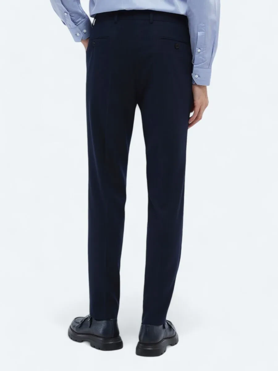 Navy Blue Weaving Fitted Fit Classical Trousers - 4