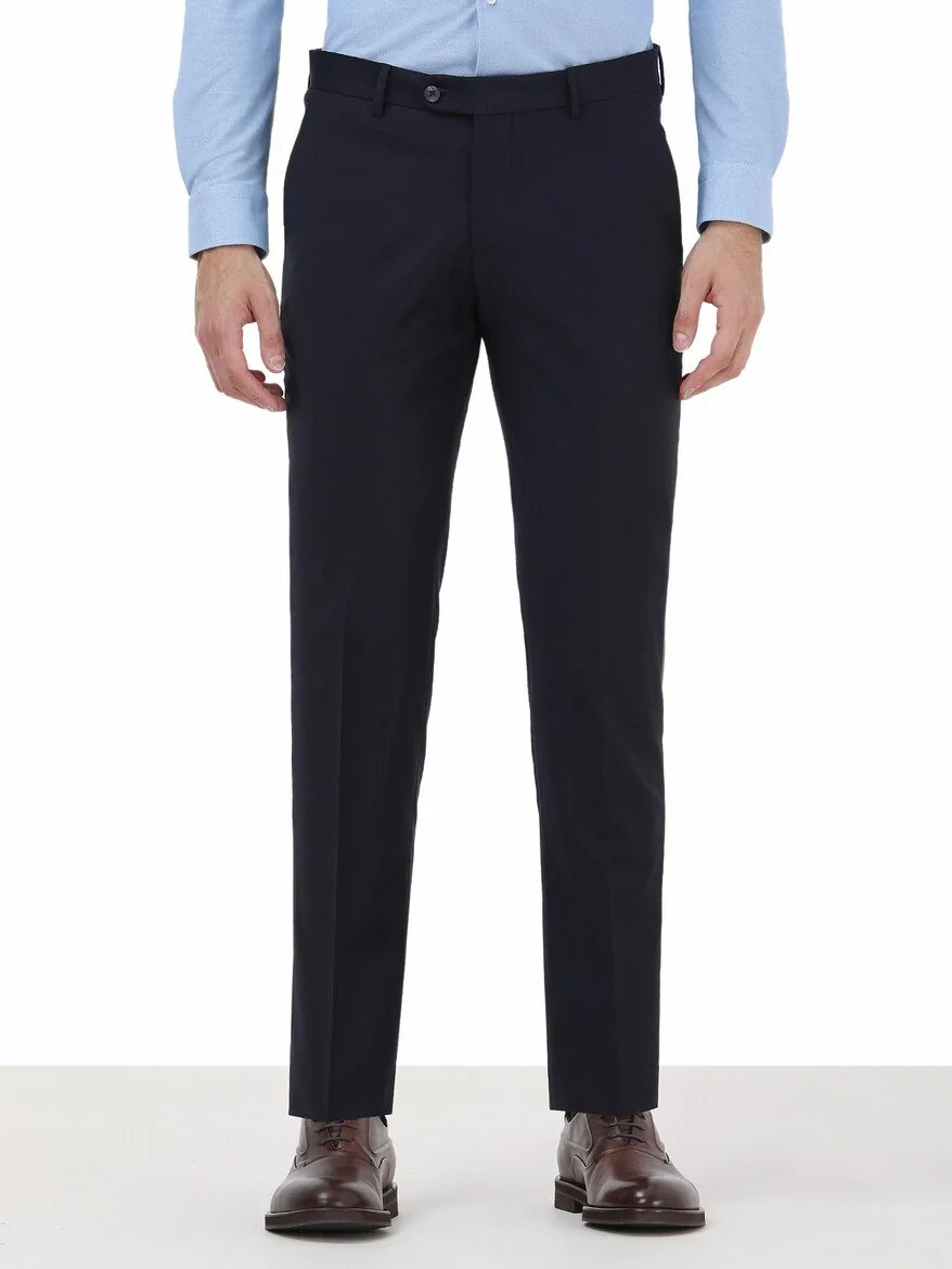 Navy Blue Weaving Fitted Fit Classical Wool Blended Trousers - 1