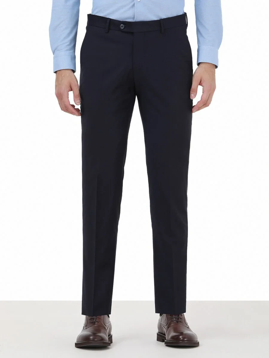 Navy Blue Weaving Fitted Fit Classical Wool Blended Trousers - 1