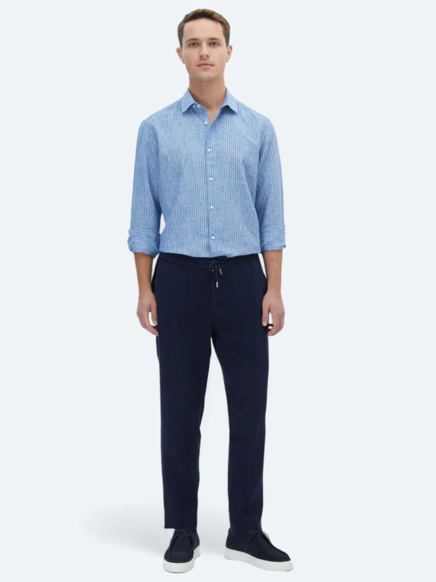 Navy Blue Weaving Jogging Fit Casual 100% Linen Trousers - 1