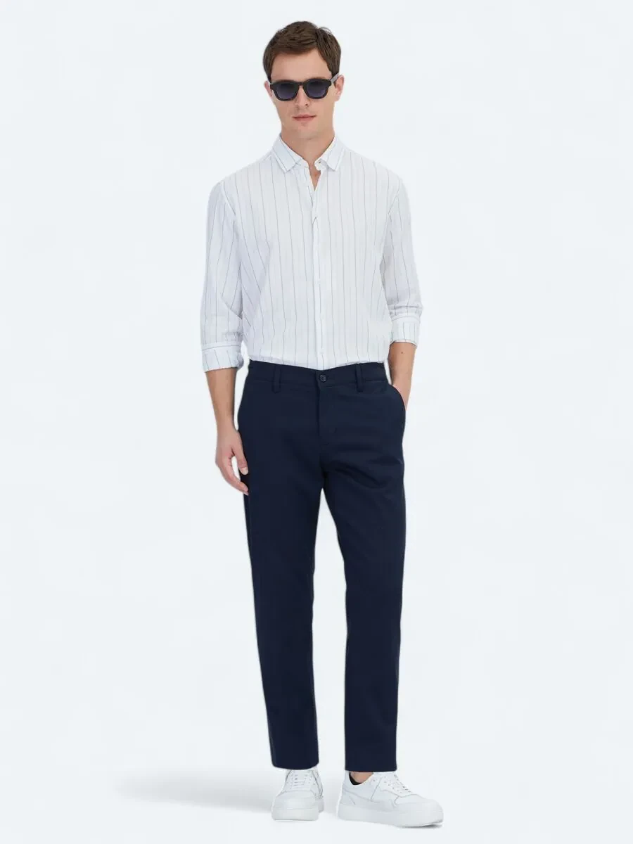 Navy Blue Weaving Jogging Fit Casual Cotton Blended Trousers - 1