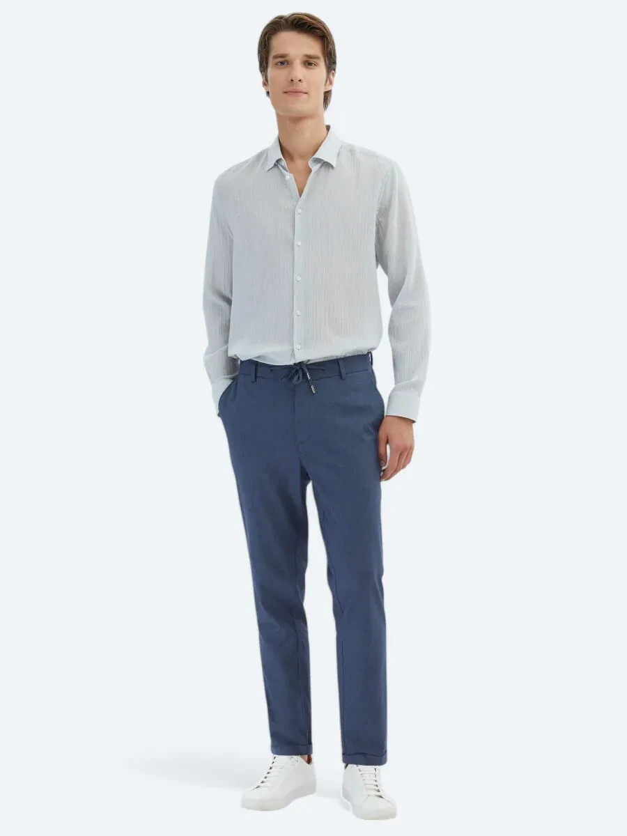 Navy Blue Weaving Jogging Fit Casual Cotton Blended Trousers - 1