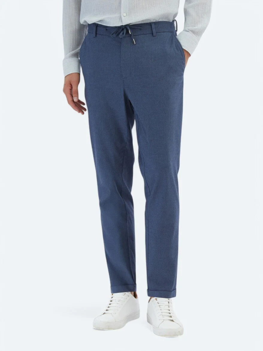 Navy Blue Weaving Jogging Fit Casual Cotton Blended Trousers - 2