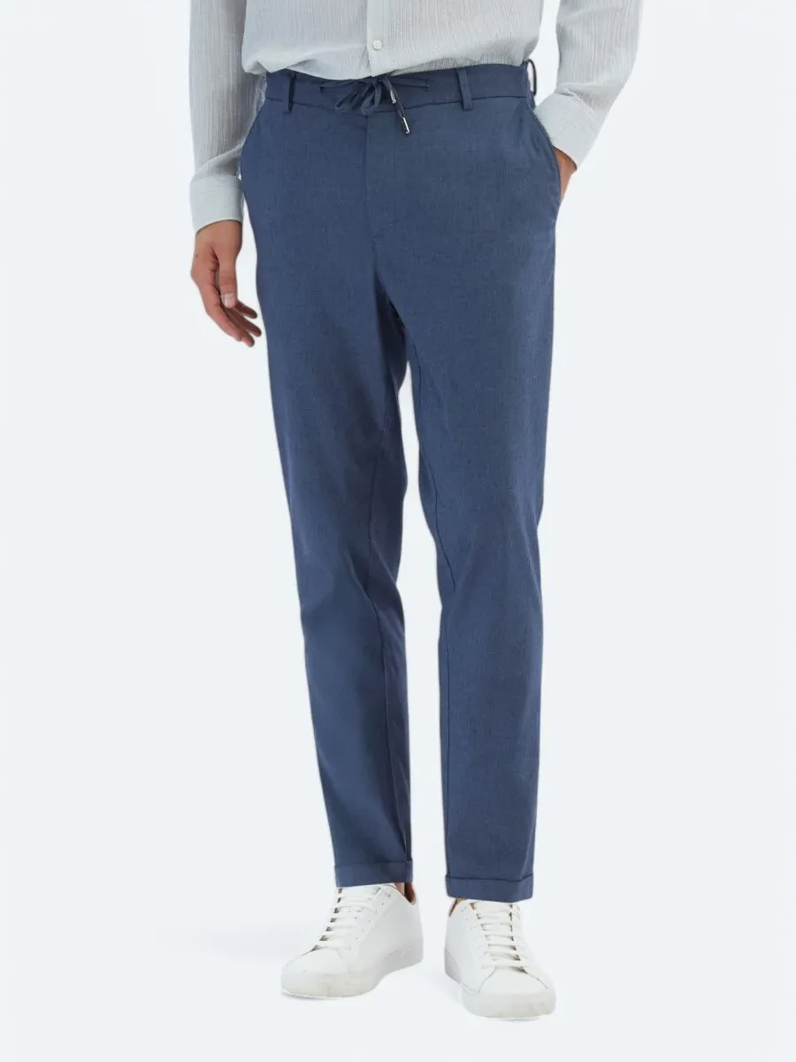 Navy Blue Weaving Jogging Fit Casual Cotton Blended Trousers - 2