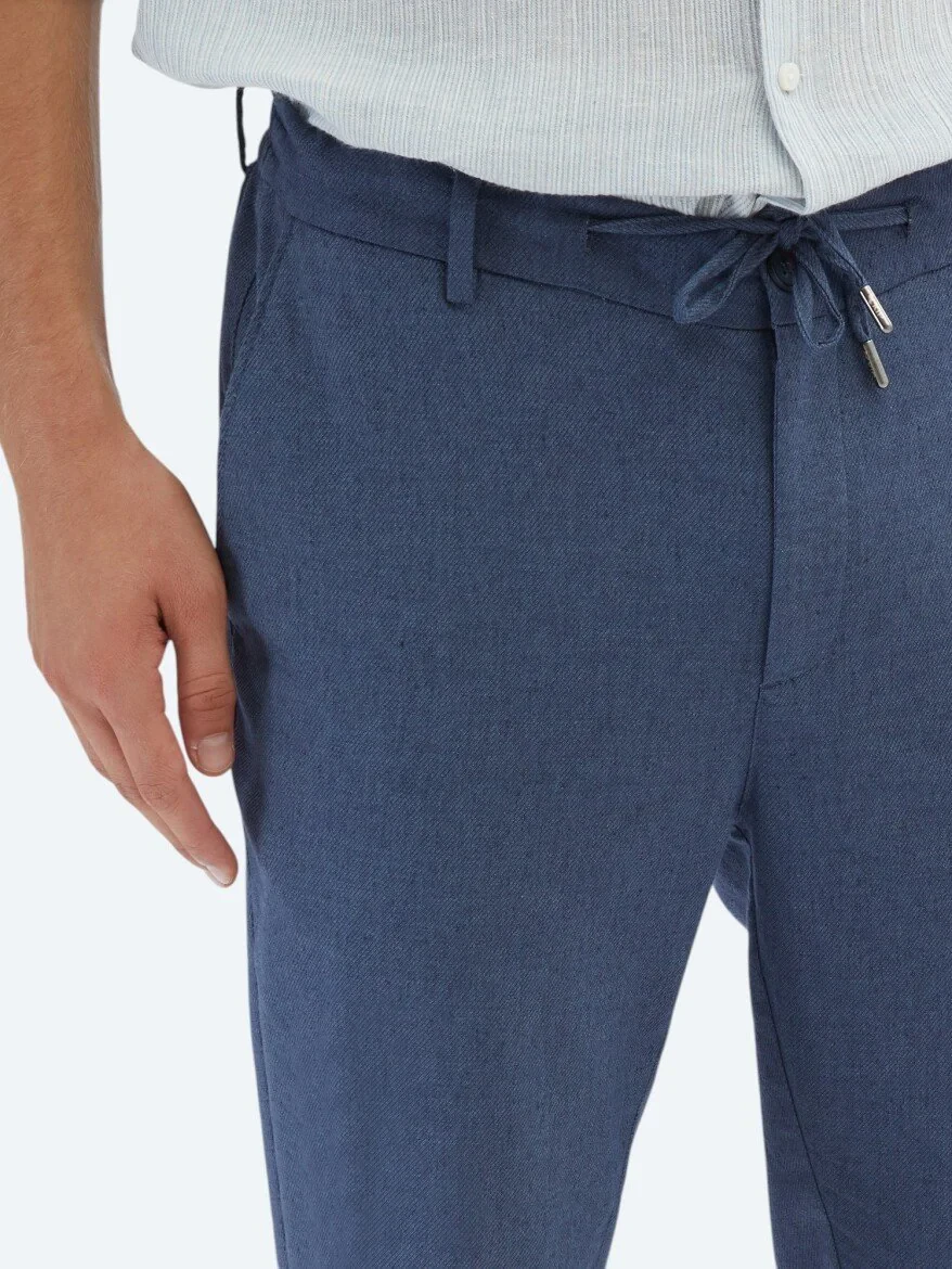 Navy Blue Weaving Jogging Fit Casual Cotton Blended Trousers 