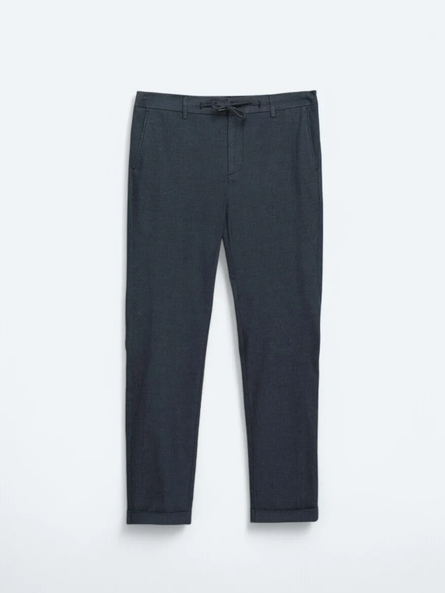 Navy Blue Weaving Jogging Fit Casual Cotton Blended Trousers - 6