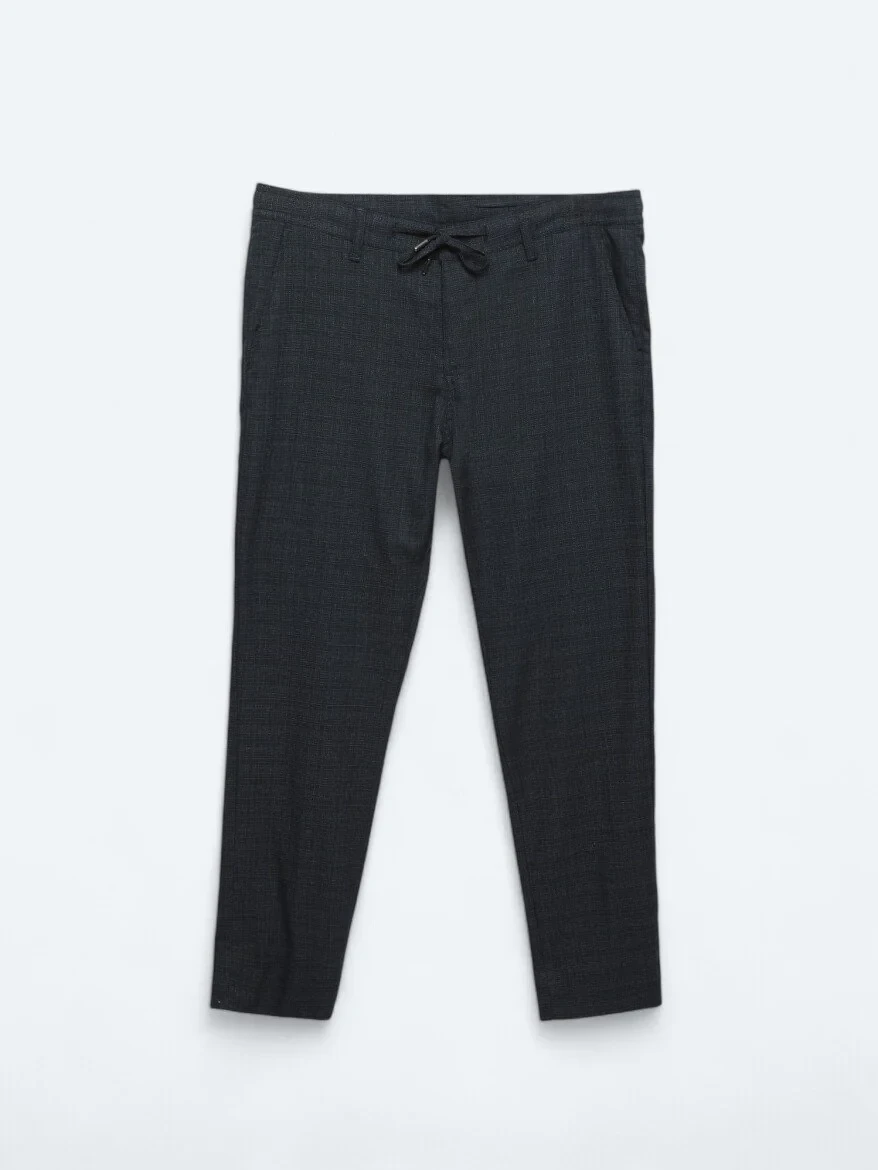 Navy Blue Weaving Jogging Fit Casual Trousers - 6
