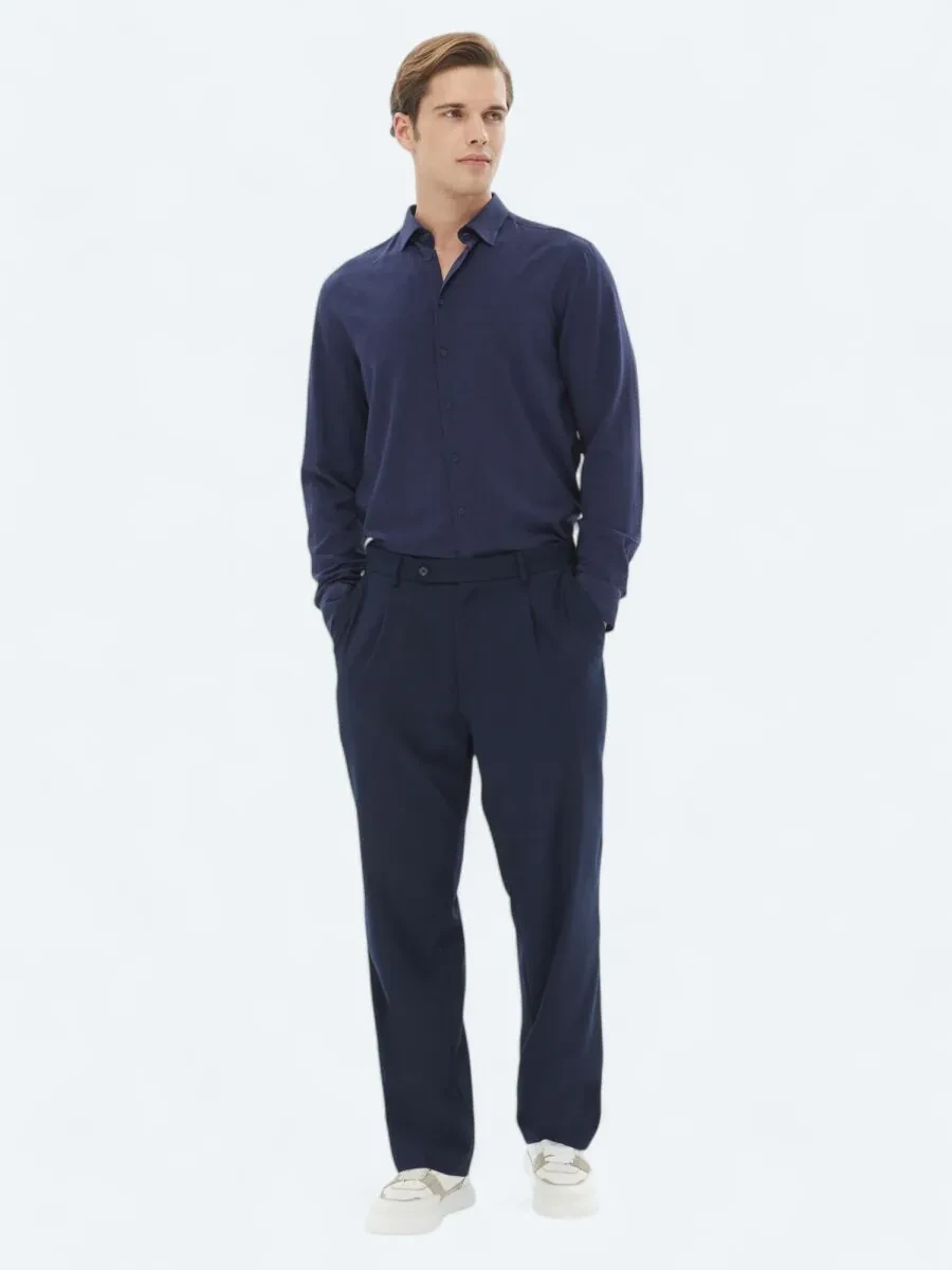 Navy Blue Weaving Loose Fit Casual Trousers - 1