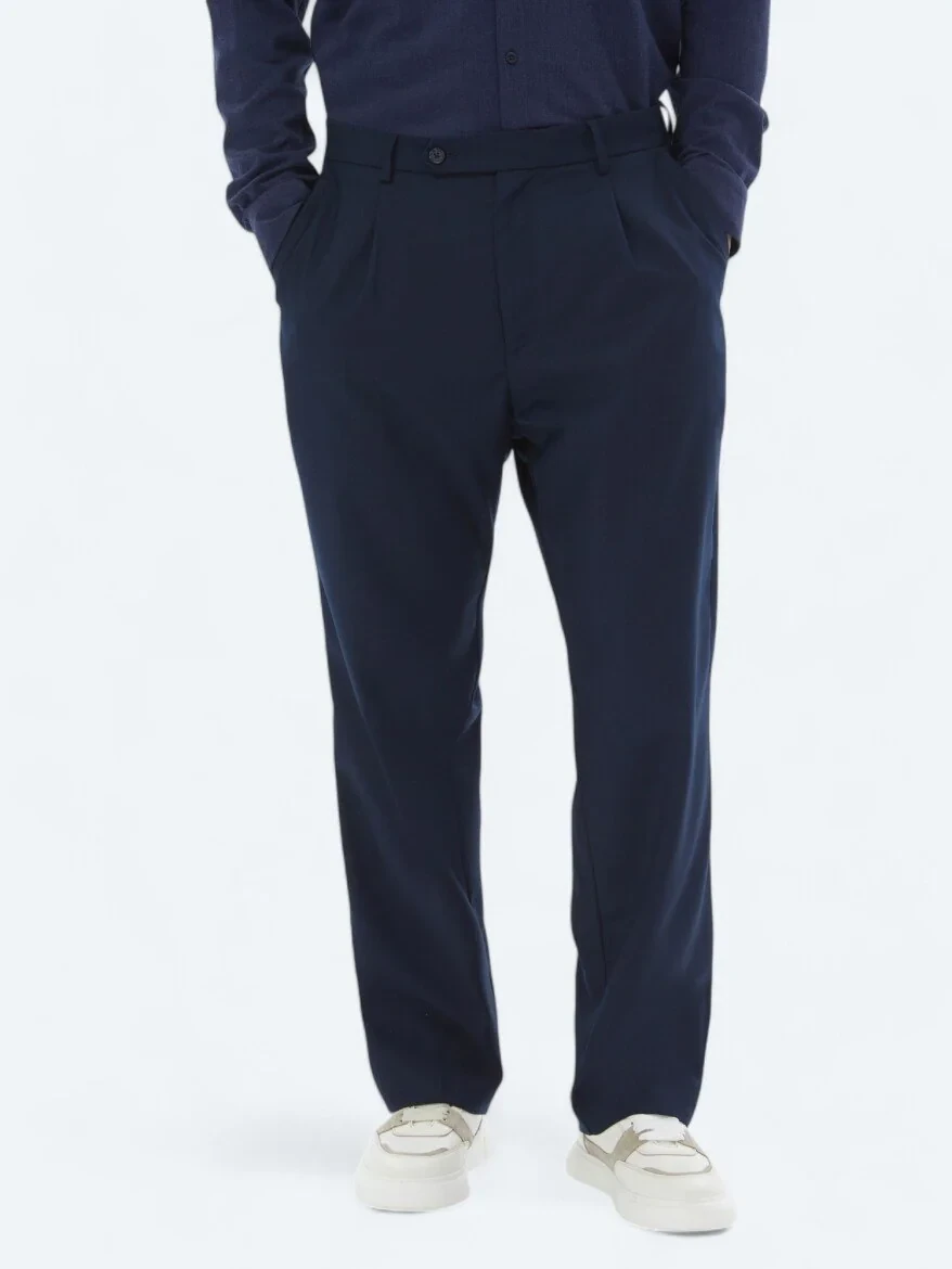 Navy Blue Weaving Loose Fit Casual Trousers - 2