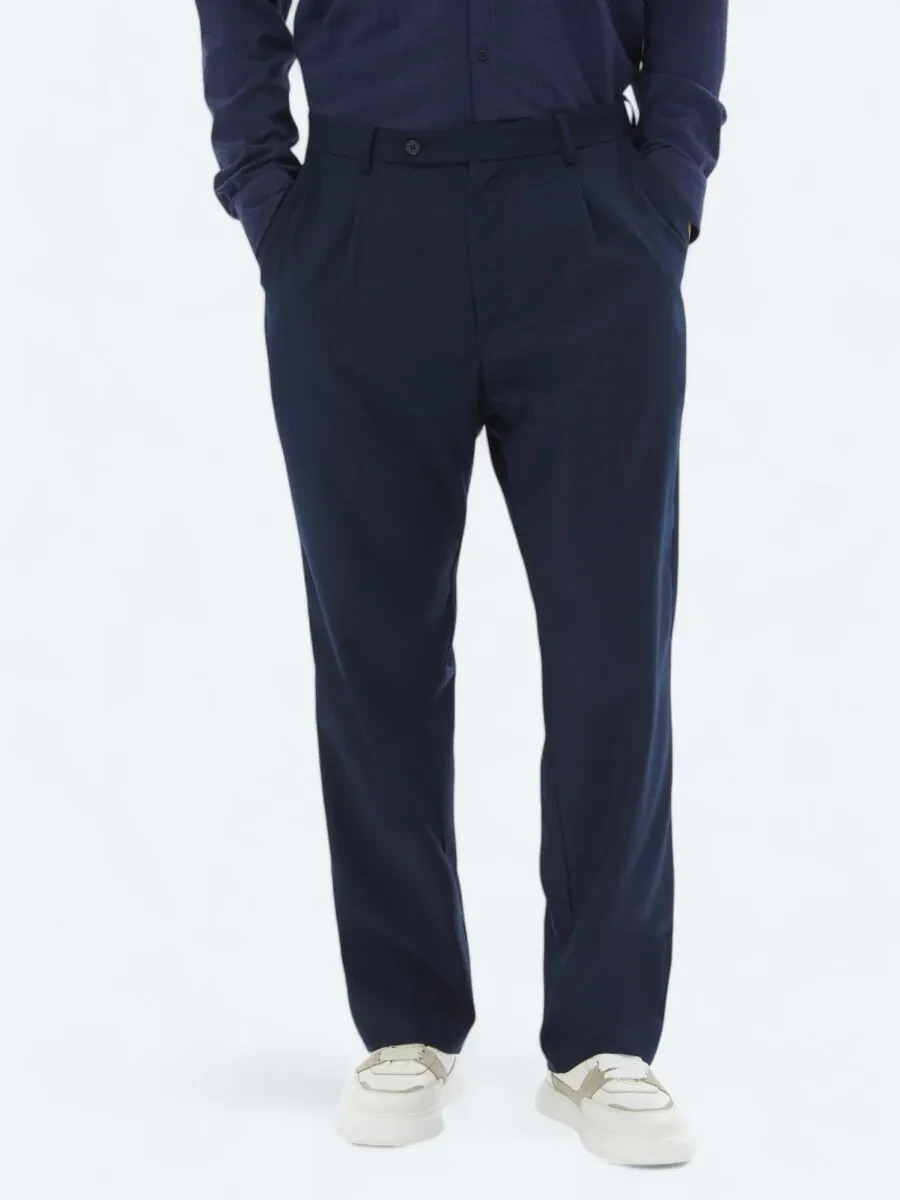 Navy Blue Weaving Loose Fit Casual Trousers - 2