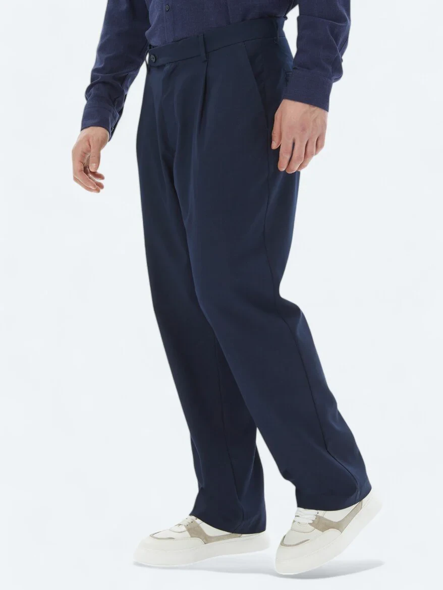 Navy Blue Weaving Loose Fit Casual Trousers - 3