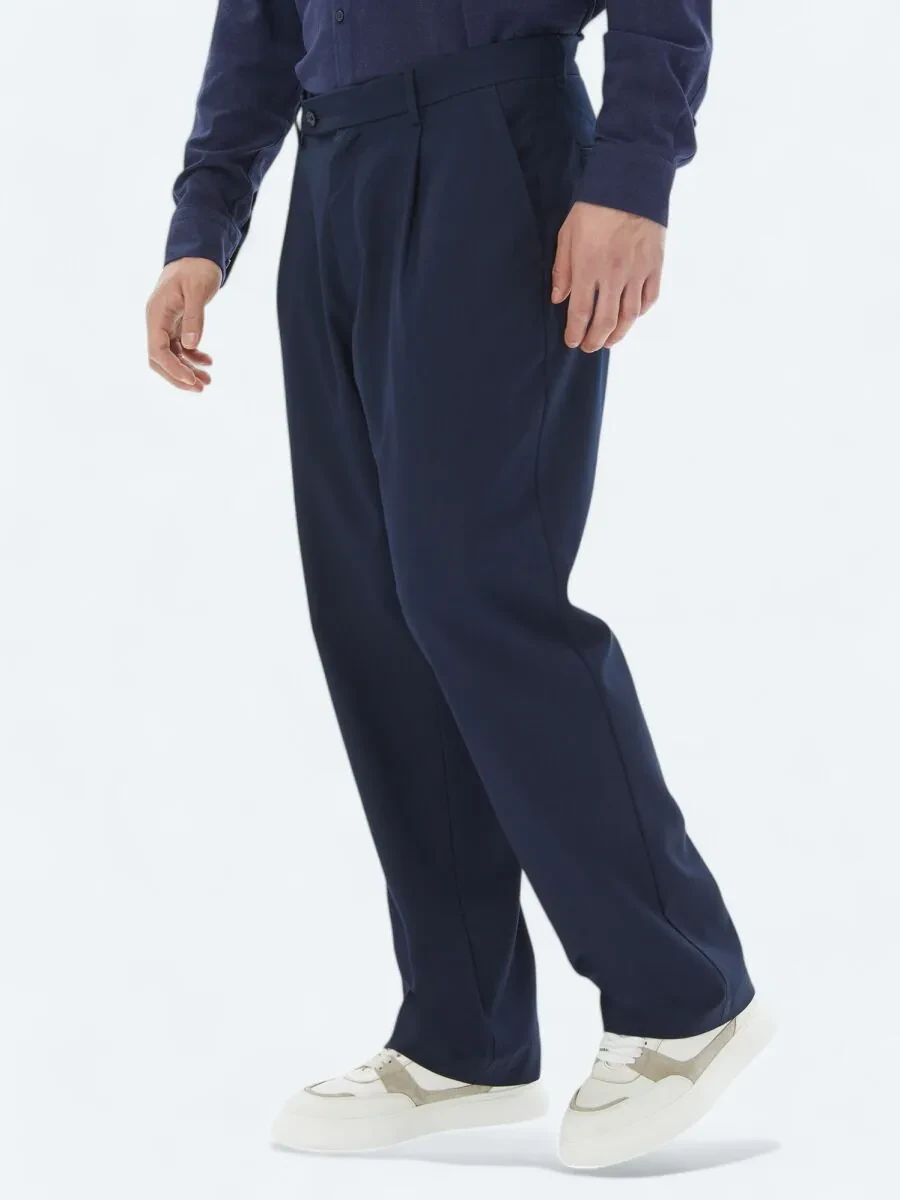 Navy Blue Weaving Loose Fit Casual Trousers - 3