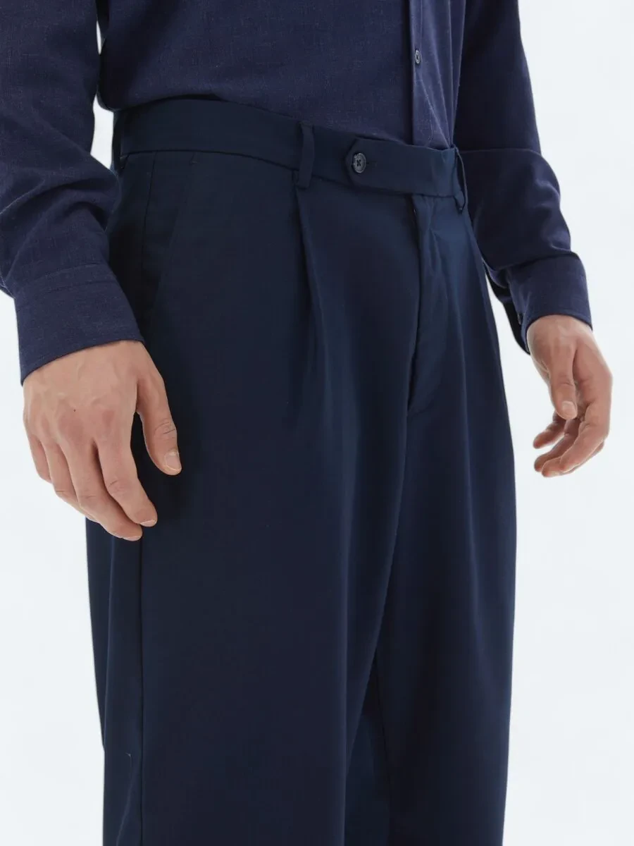 Navy Blue Weaving Loose Fit Casual Trousers - 4