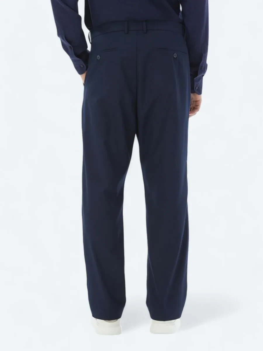 Navy Blue Weaving Loose Fit Casual Trousers - 5