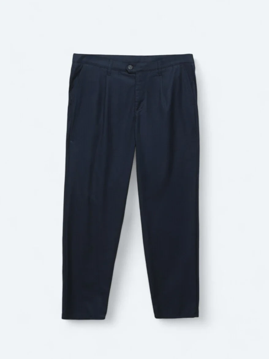 Navy Blue Weaving Loose Fit Casual Trousers - 6