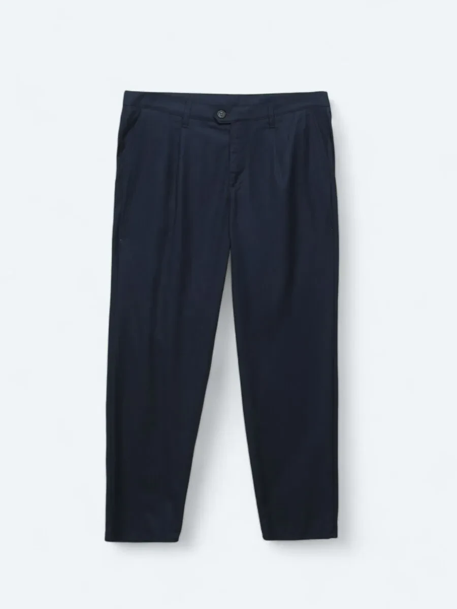 Navy Blue Weaving Loose Fit Casual Trousers - 6