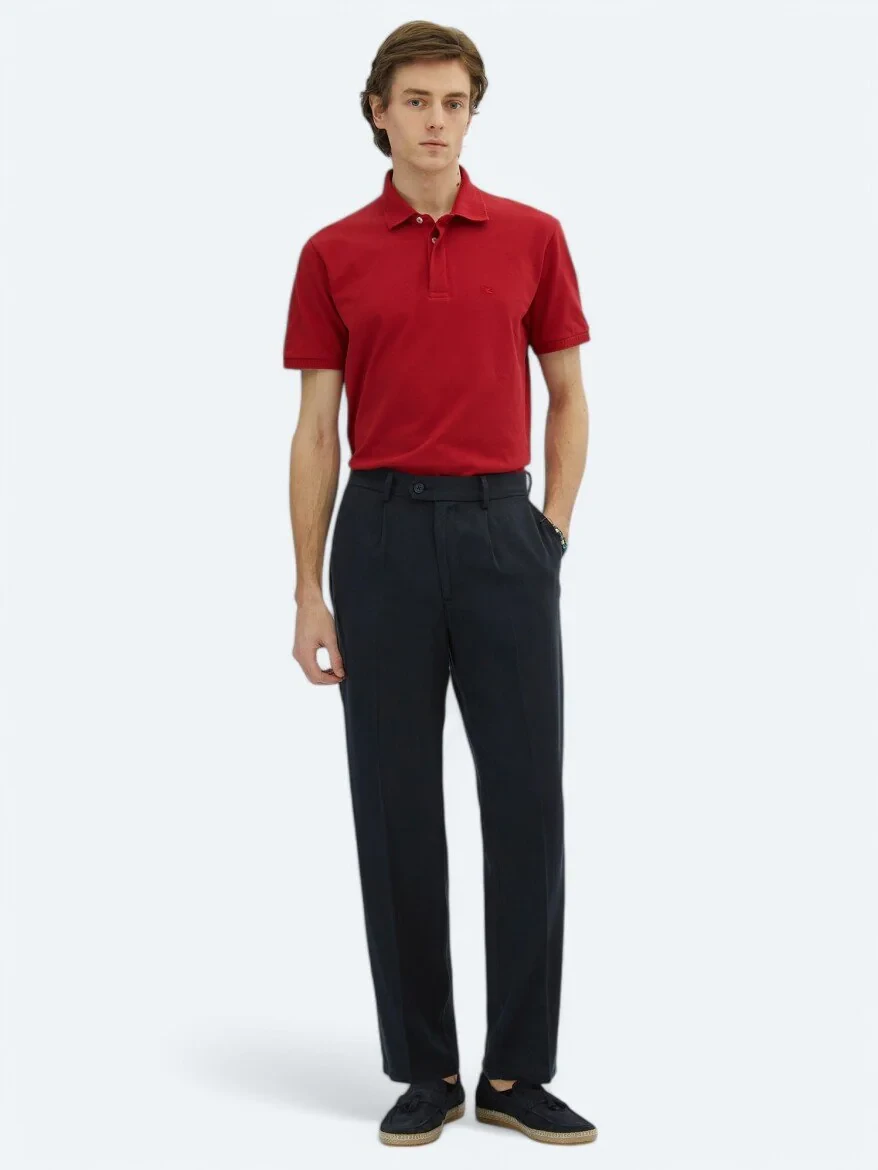 Navy Blue Weaving Loose Fit Casual Trousers - 1