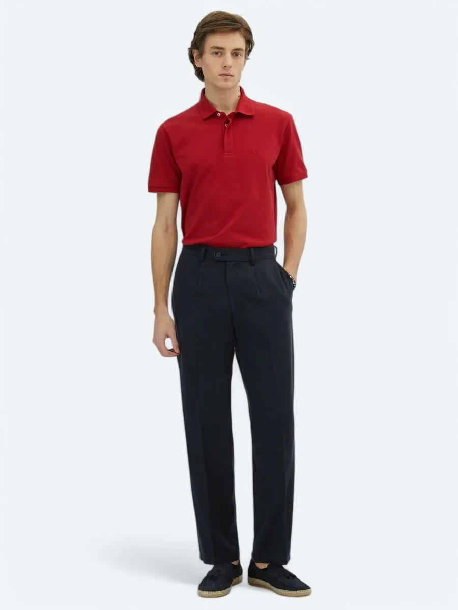 Navy Blue Weaving Loose Fit Casual Trousers - 1