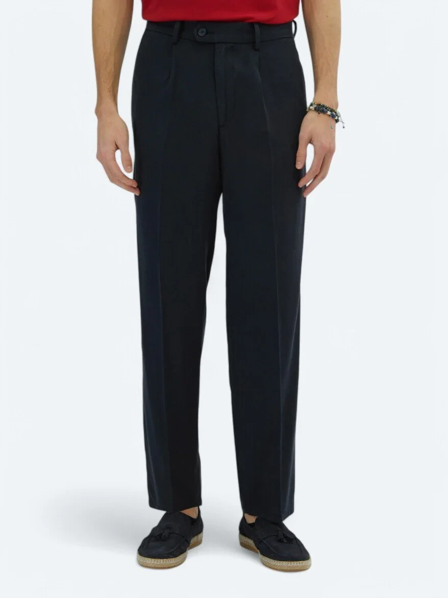 Navy Blue Weaving Loose Fit Casual Trousers - 2