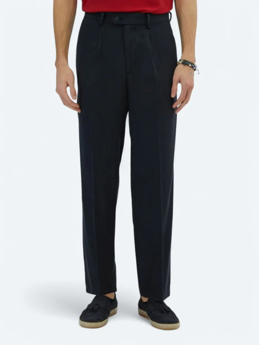 Navy Blue Weaving Loose Fit Casual Trousers - 2