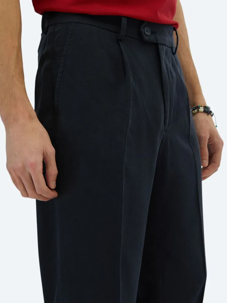 Navy Blue Weaving Loose Fit Casual Trousers - 3