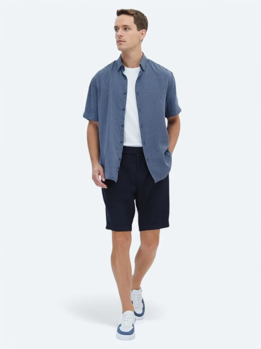 Navy Blue Weaving Modern Fit Casual Bermuda - 1