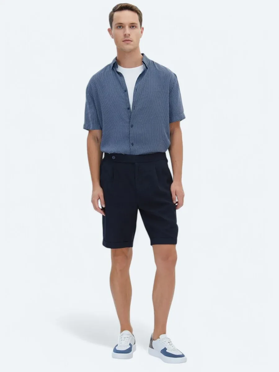 Navy Blue Weaving Modern Fit Casual Bermuda - 2