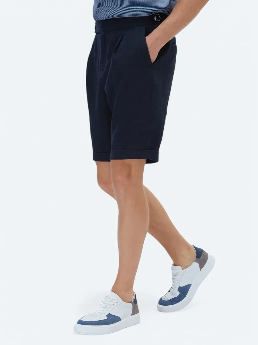 Navy Blue Weaving Modern Fit Casual Bermuda - 4
