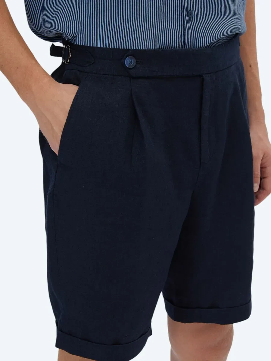 Navy Blue Weaving Modern Fit Casual Bermuda - 5