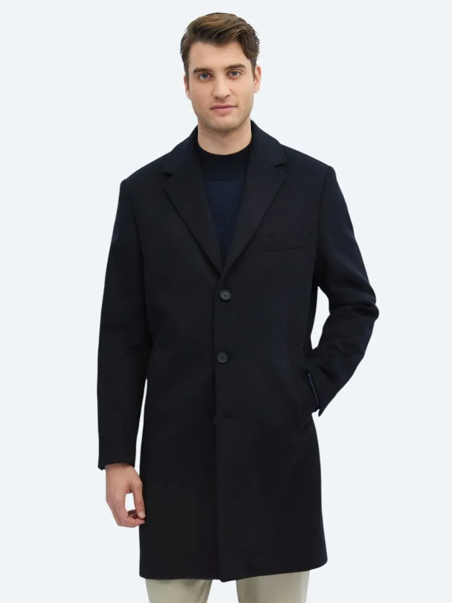 Navy Blue Weaving Overcoat - 1