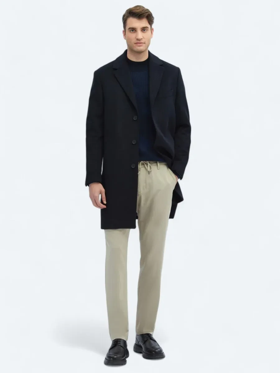 Navy Blue Weaving Overcoat - 2