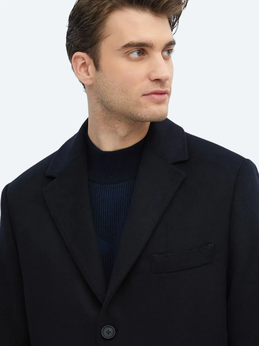 Navy Blue Weaving Overcoat - 3