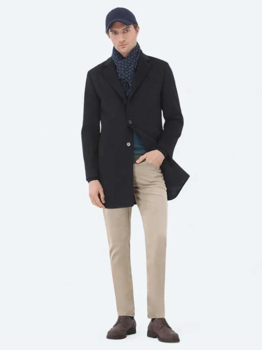 Navy Blue Weaving Overcoat - 1
