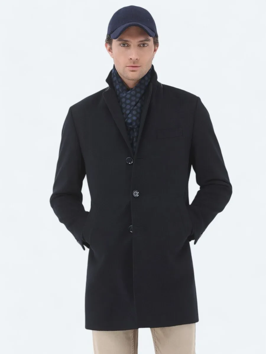 Navy Blue Weaving Overcoat - 2