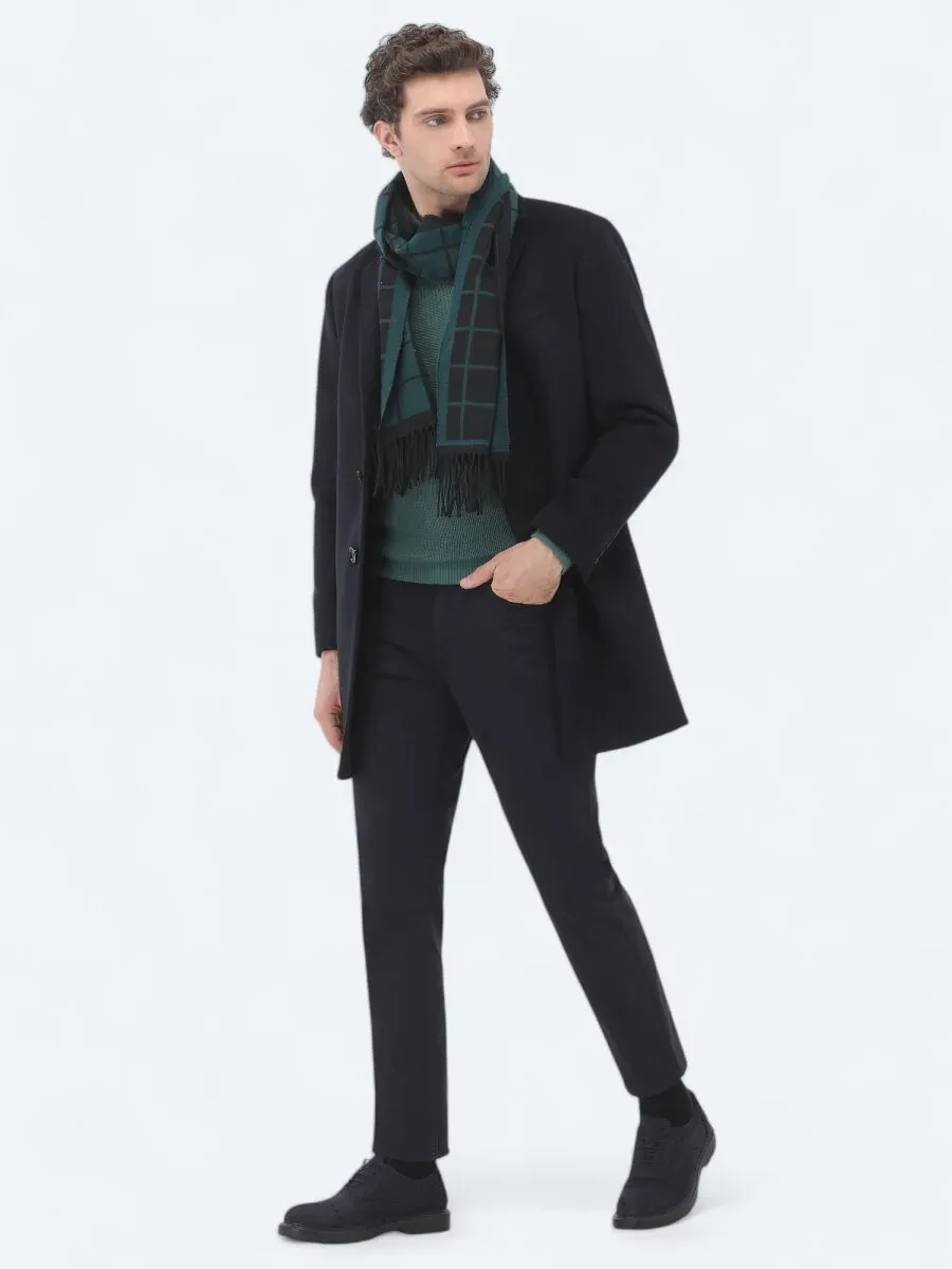 Navy Blue Weaving Overcoat - 3