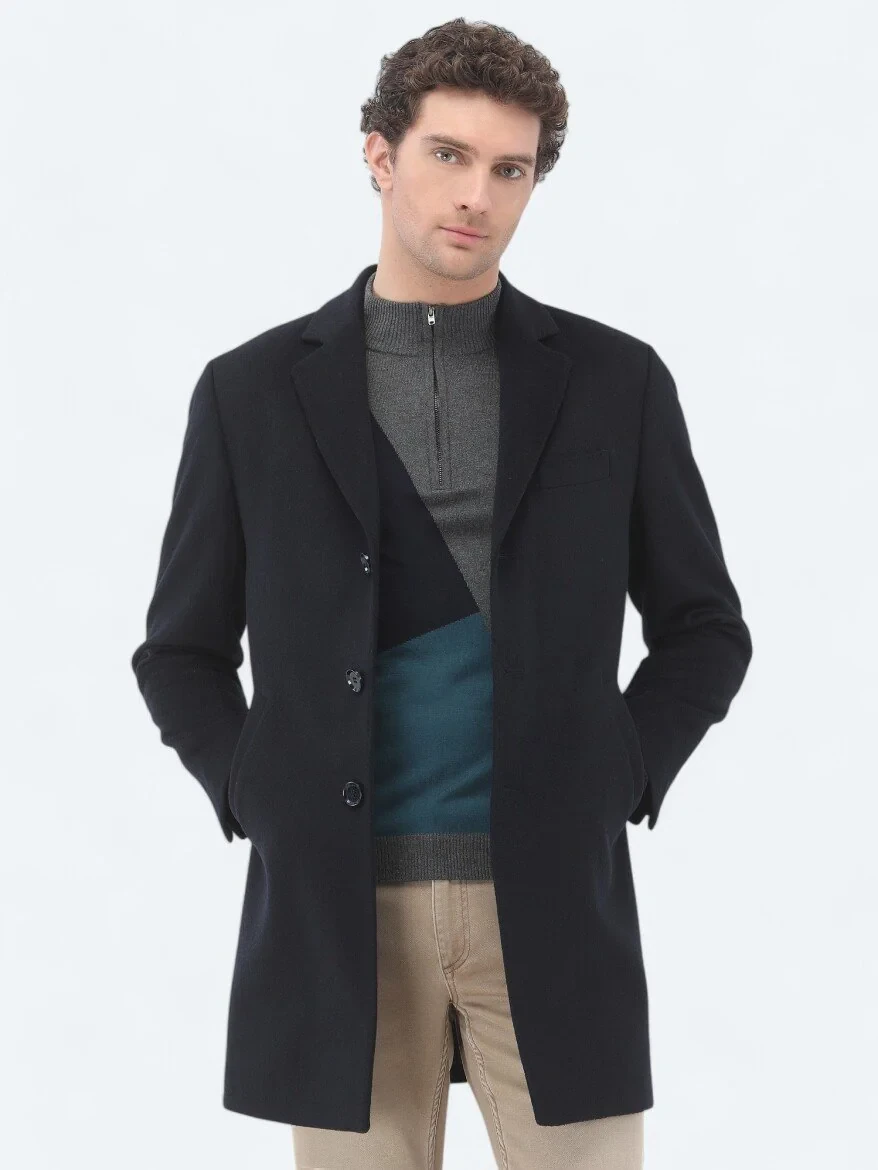 Navy Blue Weaving Overcoat - 4