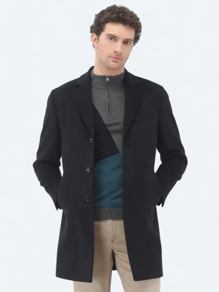 Navy Blue Weaving Overcoat - 4